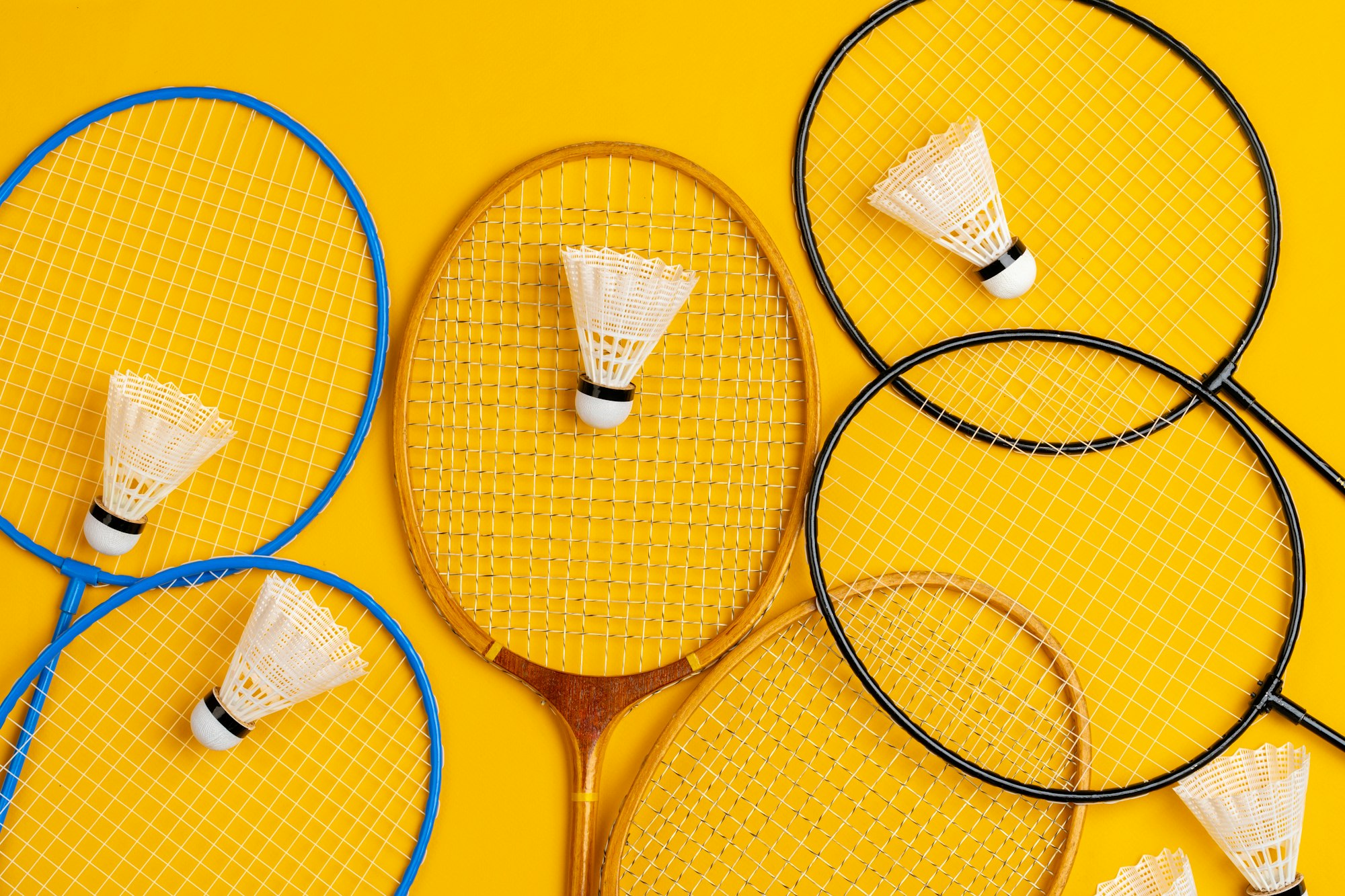 Badminton equipment. Rackets and shuttlecock, top view