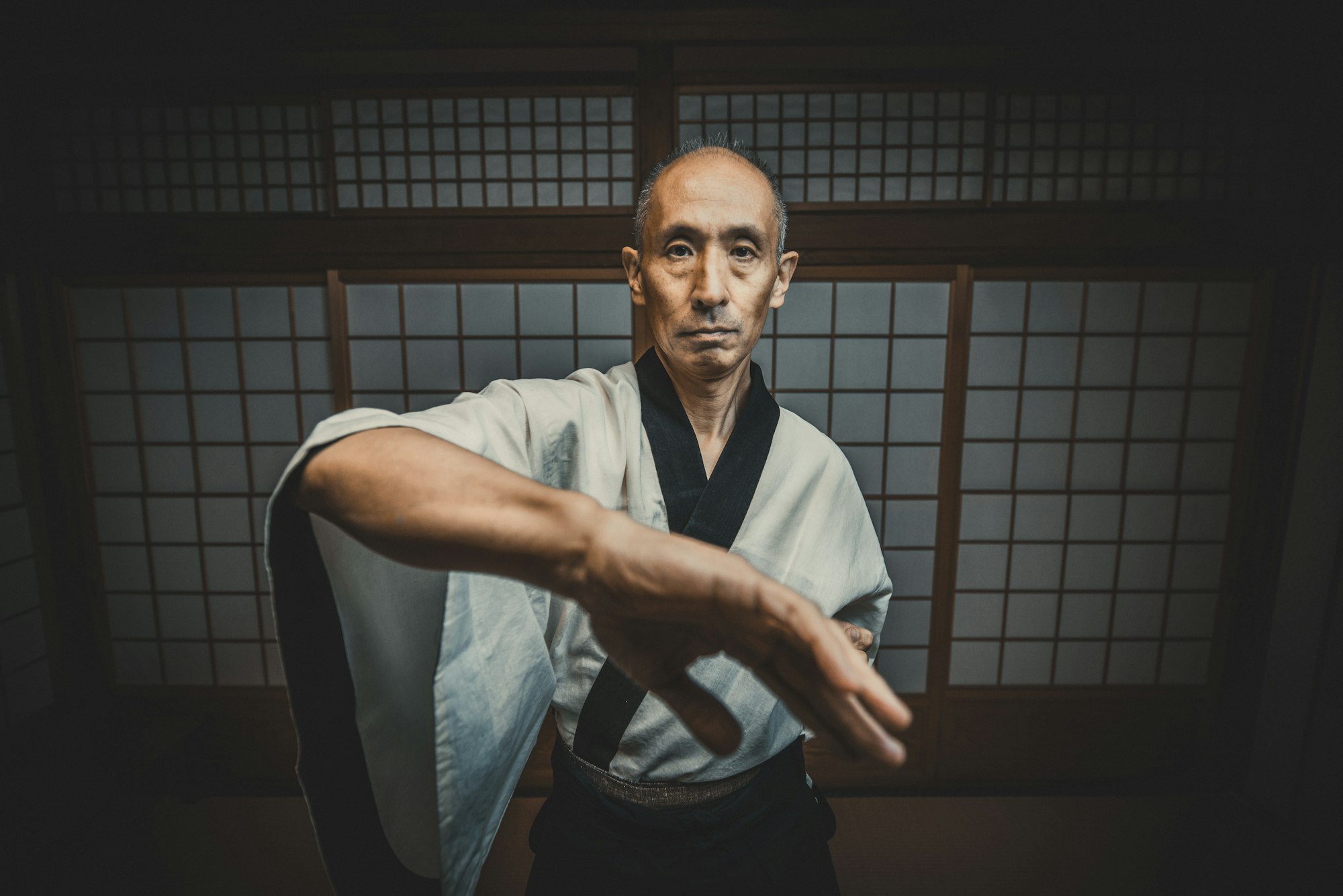 Senior martial art master in his dojo